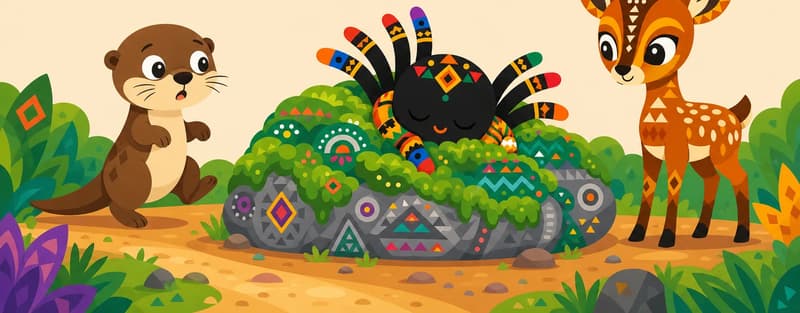 Create a single full-page children's book illustration. Use the attached character reference images and match each named character exactly — same shapes, colors and clothing; do not redesign them. SCENE: Bush Deer (match attached reference) stands calmly beside Moss-Covered Rock (match attached reference) while Anansi (match attached reference) lies face-first in the moss against it, snoring with his legs sticking up. A bewildered otter cousin is frozen on the south path clearing. COMPOSITION: Compose ONE full-bleed scene with a single continuous background that fills the whole image, characters at natural size placed in the lower part of the frame. Keep the TOP 50% text area genuinely open — plain, continuous background with NO characters, objects, props, hanging items, plants, patterns or decorations in it — while the rest of the scene fills the frame naturally. That TOP 50% text area must be the SAME continuous background color as the scene (not a flat panel, not a different shade, no dividing line). Do NOT shrink or squash the characters. Book text will be overlaid in the TOP 50% text area. Do not include any written text, letters, numbers, captions, speech bubbles, signs, labels, logos, or watermarks anywhere; the image must be purely illustrative.