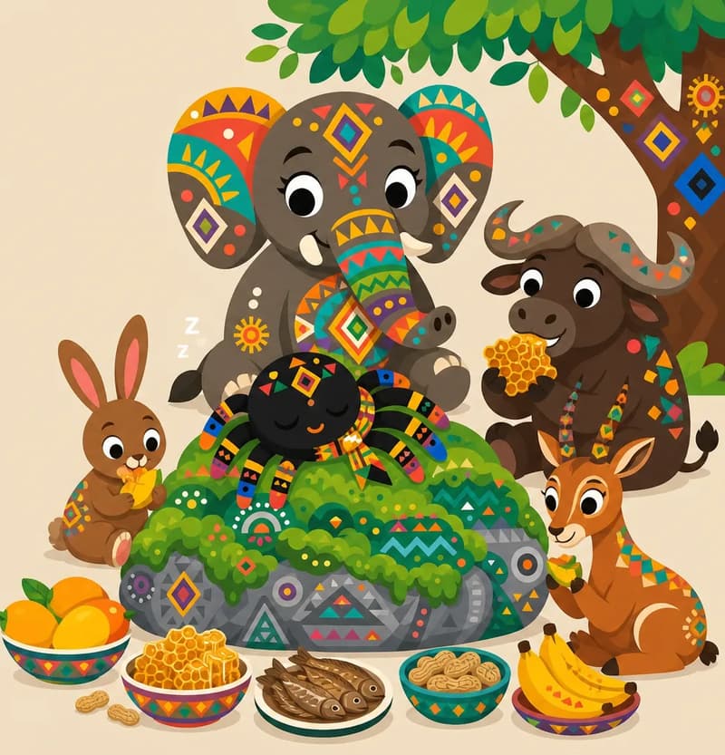 Create a single full-page children's book illustration. Use the attached character reference images and match each named character exactly — same shapes, colors and clothing; do not redesign them. SCENE: Anansi (match attached reference) lies face-down asleep on Moss-Covered Rock (match attached reference) while Elephant (match attached reference) and the other animals sit in a circle around him, eating reclaimed food. The forest picnic includes honeycomb, dried fish, mangoes, groundnuts, plantains, and a few enamel bowls. COMPOSITION: Compose ONE full-bleed scene with a single continuous background that fills the whole image, characters at natural size placed toward the RIGHT. Keep the LEFT 50% text area genuinely open — plain, continuous background with NO characters, objects, props, hanging items, plants, patterns or decorations in it — while the rest of the scene fills the frame naturally. That LEFT 50% text area must be the SAME continuous background color as the scene (not a flat panel, not a different shade, no dividing line). Do NOT shrink or squash the characters. Book text will be overlaid in the LEFT 50% text area. Do not include any written text, letters, numbers, captions, speech bubbles, signs, labels, logos, or watermarks anywhere; the image must be purely illustrative.