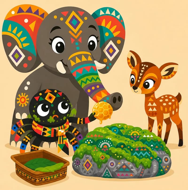 Create a single full-page children's book illustration. Use the attached character reference images and match each named character exactly — same shapes, colors and clothing; do not redesign them. SCENE: Anansi (match attached reference) sits moss-faced in a picnic clearing, sheepish and annoyed, accepting honeycomb from Elephant (match attached reference)’s trunk while Bush Deer (match attached reference) watches calmly. His empty food stash sits nearby among the full animals, with Moss-Covered Rock (match attached reference) beside them. COMPOSITION: Compose ONE full-bleed scene with a single continuous background that fills the whole image, characters at natural size placed toward the LEFT. Keep the RIGHT 50% text area genuinely open — plain, continuous background with NO characters, objects, props, hanging items, plants, patterns or decorations in it — while the rest of the scene fills the frame naturally. That RIGHT 50% text area must be the SAME continuous background color as the scene (not a flat panel, not a different shade, no dividing line). Do NOT shrink or squash the characters. Book text will be overlaid in the RIGHT 50% text area. Do not include any written text, letters, numbers, captions, speech bubbles, signs, labels, logos, or watermarks anywhere; the image must be purely illustrative.