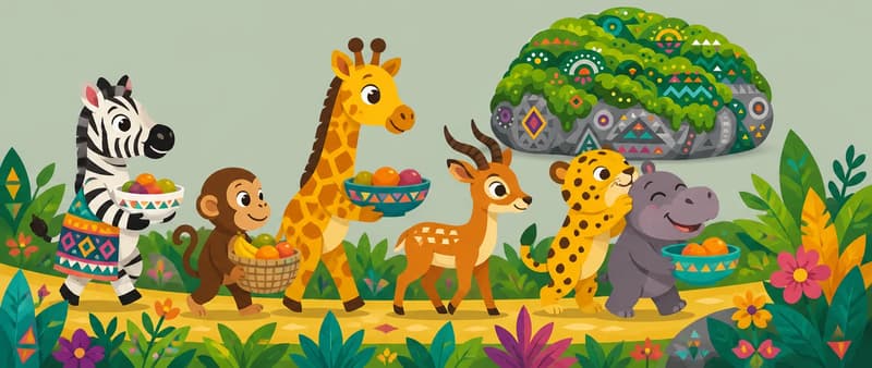Create a single full-page children's book illustration. Use the attached character reference images and match each named character exactly — same shapes, colors and clothing; do not redesign them. SCENE: A cheerful mixed group of forest animals walks together on the south path, some carrying shared food in enamel bowls and woven baskets. One animal covers a companion’s ears as they pass Moss-Covered Rock (match attached reference) sitting still in the distance. COMPOSITION: Compose ONE full-bleed scene with a single continuous background that fills the whole image, characters at natural size placed in the lower part of the frame. Keep the TOP 50% text area genuinely open — plain, continuous background with NO characters, objects, props, hanging items, plants, patterns or decorations in it — while the rest of the scene fills the frame naturally. That TOP 50% text area must be the SAME continuous background color as the scene (not a flat panel, not a different shade, no dividing line). Do NOT shrink or squash the characters. Book text will be overlaid in the TOP 50% text area. Do not include any written text, letters, numbers, captions, speech bubbles, signs, labels, logos, or watermarks anywhere; the image must be purely illustrative.

[EDITOR_REGEN_REQUIREMENTS]
These editor requirements are mandatory and override any conflicting earlier wording:
- the deer has too many libs