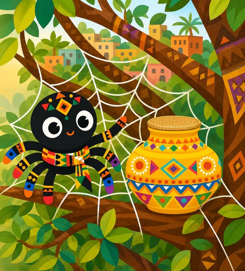 Create a single full-page children's book illustration. Use the attached character reference images and match each named character exactly — same shapes, colors and clothing; do not redesign them. SCENE: Anansi (match attached reference) sits at the center of his web in a forest tree, gesturing proudly toward the intact Pot of Wisdom (match attached reference; tightly closed with its woven lid secured), with distant painted cement houses beyond the trees. COMPOSITION: Compose ONE full-bleed scene with a single continuous background that fills the whole image, characters at natural size placed toward the RIGHT. Keep the LEFT 50% text area genuinely open inside a smooth, low-detail gradient blur covering the LEFT 60% of the image. Use only a plain, continuous continuation of the scene background there, with NO characters, objects, props, hanging items, plants, patterns or decorations. Keep all important characters and detailed scene content in the RIGHT 40%, with only a soft natural fade into the blurred left text area. That LEFT 50% text area must be the SAME continuous background color as the scene (not a flat panel, not a different shade, no dividing line). Do NOT shrink or squash the characters. Book text will be overlaid in the LEFT 50% text area. Do not include any written text, letters, numbers, captions, speech bubbles, signs, labels, logos, or watermarks anywhere; the image must be purely illustrative.