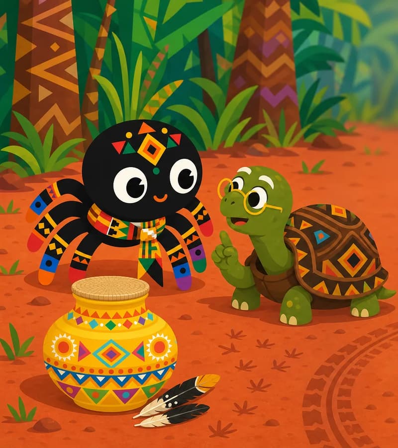Create a single full-page children's book illustration. Use the attached character reference images and match each named character exactly — same shapes, colors and clothing; do not redesign them. SCENE: Anansi (match attached reference) stoops low to listen as old Tortoise murmurs wisdom at a red-dirt crossroads in the Ashanti forest. The full, intact Pot of Wisdom (match attached reference; tightly closed with its woven lid secured) sits beside them, glowing faintly, with hornbill feathers above and crab tracks plus a bicycle mark in the dirt. COMPOSITION: Compose ONE full-bleed scene with a single continuous background that fills the whole image, characters at natural size placed toward the LEFT. Keep the RIGHT 50% text area genuinely open inside a smooth, low-detail gradient blur covering the RIGHT 60% of the image. Use only a plain, continuous continuation of the scene background there, with NO characters, objects, props, hanging items, plants, patterns or decorations. Keep all important characters and detailed scene content in the LEFT 40%, with only a soft natural fade into the blurred right text area. That RIGHT 50% text area must be the SAME continuous background color as the scene (not a flat panel, not a different shade, no dividing line). Do NOT shrink or squash the characters. Book text will be overlaid in the RIGHT 50% text area. Do not include any written text, letters, numbers, captions, speech bubbles, signs, labels, logos, or watermarks anywhere; the image must be purely illustrative.