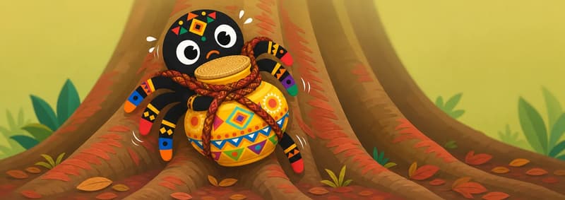 Create a single full-page children's book illustration. Use the attached character reference images and match each named character exactly — same shapes, colors and clothing; do not redesign them. SCENE: Anansi (match attached reference) scrambles partway up a tall silk-cotton tree trunk while sliding downward in frustration, hugging the intact, closed Pot of Wisdom (match attached reference) against his belly. Pot's Bark-Rope (match attached reference; tied around the pot's neck and looped over Anansi's front four legs) is tied around the pot's neck and looped over his front four legs, with scraped reddish bark and dry leaves around the roots. COMPOSITION: Compose ONE full-bleed scene with a single continuous background that fills the whole image, characters at natural size placed in the lower part of the frame. Keep the TOP 50% text area genuinely open inside a smooth, low-detail gradient blur covering the TOP 60% of the image. Use only a plain, continuous continuation of the scene background there, with NO characters, objects, props, hanging items, plants, patterns or decorations. Keep all important characters and detailed scene content in the LOWER 40%, with only a soft natural fade into the blurred top text area. That TOP 50% text area must be the SAME continuous background color as the scene (not a flat panel, not a different shade, no dividing line). Do NOT shrink or squash the characters. Book text will be overlaid in the TOP 50% text area. Do not include any written text, letters, numbers, captions, speech bubbles, signs, labels, logos, or watermarks anywhere; the image must be purely illustrative.
