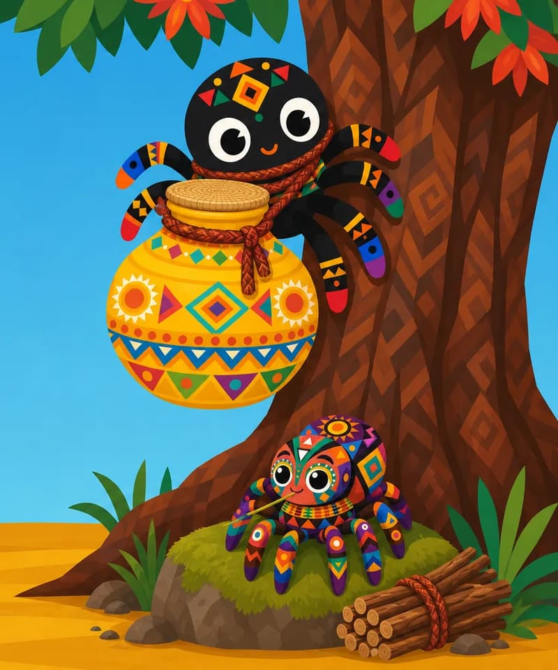 Create a single full-page children's book illustration. Use the attached character reference images and match each named character exactly — same shapes, colors and clothing; do not redesign them. SCENE: Ntikuma (match attached reference) sits on a mossy rock at the base of the silk-cotton tree, with gathered firewood beside him and a chewed grass stem. Anansi (match attached reference) is frozen clinging to the bark above, with the intact, closed Pot of Wisdom (match attached reference) awkwardly blocking his climb against his front, secured by Pot's Bark-Rope (match attached reference; holding the pot against Anansi's front), tied around its neck. COMPOSITION: Compose ONE full-bleed scene with a single continuous background that fills the whole image, characters at natural size placed toward the RIGHT. Keep the LEFT 50% text area genuinely open — plain, continuous background with NO characters, objects, props, hanging items, plants, patterns or decorations in it — while the rest of the scene fills the frame naturally. That LEFT 50% text area must be the SAME continuous background color as the scene (not a flat panel, not a different shade, no dividing line). Do NOT shrink or squash the characters. Book text will be overlaid in the LEFT 50% text area. Do not include any written text, letters, numbers, captions, speech bubbles, signs, labels, logos, or watermarks anywhere; the image must be purely illustrative.