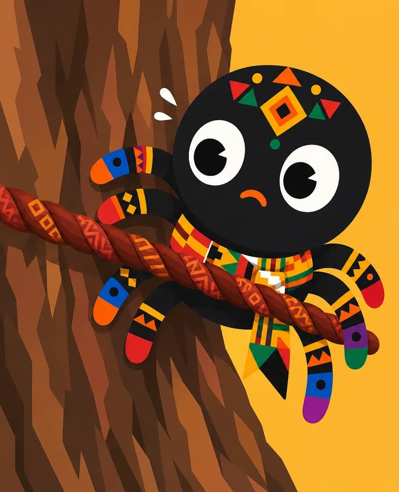 Create a single full-page children's book illustration. Use the attached character reference images and match each named character exactly — same shapes, colors and clothing; do not redesign them. SCENE: In a tight close view, Anansi (match attached reference) presses his embarrassed face against the rough tree bark as Pot's Bark-Rope (match attached reference; taut across the close view) cuts across the scene, capturing his realization that the pot is already incomplete. COMPOSITION: Compose ONE full-bleed scene with a single continuous background that fills the whole image, characters at natural size placed toward the LEFT. Keep the RIGHT 50% text area genuinely open — plain, continuous background with NO characters, objects, props, hanging items, plants, patterns or decorations in it — while the rest of the scene fills the frame naturally. That RIGHT 50% text area must be the SAME continuous background color as the scene (not a flat panel, not a different shade, no dividing line). Do NOT shrink or squash the characters. Book text will be overlaid in the RIGHT 50% text area. Do not include any written text, letters, numbers, captions, speech bubbles, signs, labels, logos, or watermarks anywhere; the image must be purely illustrative.