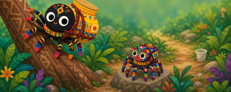 Create a single full-page children's book illustration. Use the attached character reference images and match each named character exactly — same shapes, colors and clothing; do not redesign them. SCENE: Anansi (match attached reference) climbs a silk-cotton tree with the intact, closed Pot of Wisdom (match attached reference) strapped to his back, secured by Pot's Bark-Rope (match attached reference; securing the pot to Anansi's back). His legs grip the bark. Below, Ntikuma (match attached reference) watches from his rock, with a pale plastic bucket far off near the forest path. COMPOSITION: Compose ONE full-bleed scene with a single continuous background that fills the whole image, characters at natural size placed in the lower part of the frame. Keep the TOP 50% text area genuinely open inside a smooth, low-detail gradient blur covering the TOP 60% of the image. Use only a plain, continuous continuation of the scene background there, with NO characters, objects, props, hanging items, plants, patterns or decorations. Keep all important characters and detailed scene content in the LOWER 40%, with only a soft natural fade into the blurred top text area. That TOP 50% text area must be the SAME continuous background color as the scene (not a flat panel, not a different shade, no dividing line). Do NOT shrink or squash the characters. Book text will be overlaid in the TOP 50% text area. Do not include any written text, letters, numbers, captions, speech bubbles, signs, labels, logos, or watermarks anywhere; the image must be purely illustrative.