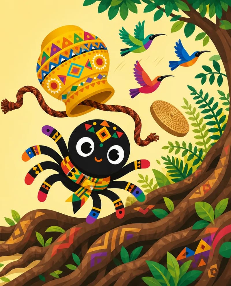 Create a single full-page children's book illustration. Use the attached character reference images and match each named character exactly — same shapes, colors and clothing; do not redesign them. SCENE: Anansi (match attached reference) falls mid-air above the tree roots, legs flailing behind the upside-down Pot of Wisdom (match attached reference; striking a tree root as its woven lid detaches and spins away) as Pot's Bark-Rope (match attached reference; slipping loose during the fall) slips loose. The pot's lid spins toward the ferns as startled sunbirds flash from the green canopy. COMPOSITION: Compose ONE full-bleed scene with a single continuous background that fills the whole image, characters at natural size placed toward the RIGHT. Keep the LEFT 50% text area genuinely open — plain, continuous background with NO characters, objects, props, hanging items, plants, patterns or decorations in it — while the rest of the scene fills the frame naturally. That LEFT 50% text area must be the SAME continuous background color as the scene (not a flat panel, not a different shade, no dividing line). Do NOT shrink or squash the characters. Book text will be overlaid in the LEFT 50% text area. Do not include any written text, letters, numbers, captions, speech bubbles, signs, labels, logos, or watermarks anywhere; the image must be purely illustrative.