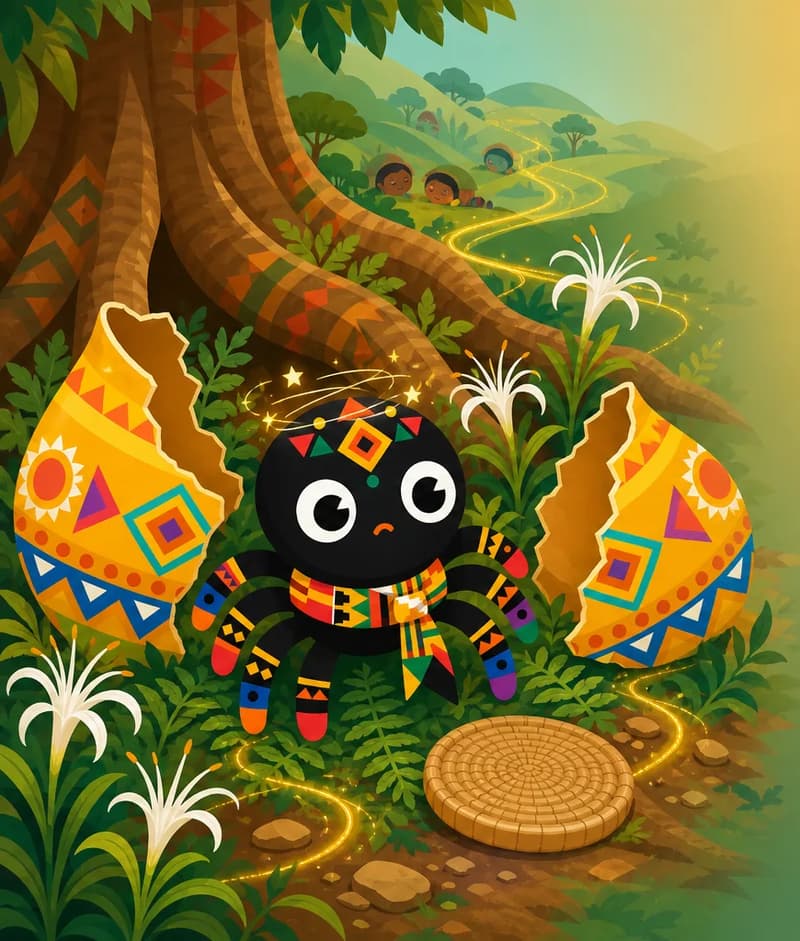 Create a single full-page children's book illustration. Use the attached character reference images and match each named character exactly — same shapes, colors and clothing; do not redesign them. SCENE: Anansi (match attached reference) sits dazed in crushed ferns at the tree roots, surrounded by the two split pieces of the Pot of Wisdom (match attached reference; broken into two pieces with the lid detached). Gold-green threads stream from the break into spider-lilies and toward far hills, with sleeping children faintly visible in the distance. COMPOSITION: Compose ONE full-bleed scene with a single continuous background that fills the whole image, characters at natural size placed toward the LEFT. Keep the RIGHT 50% text area genuinely open inside a smooth, low-detail gradient blur covering the RIGHT 60% of the image. Use only a plain, continuous continuation of the scene background there, with NO characters, objects, props, hanging items, plants, patterns or decorations. Keep all important characters and detailed scene content in the LEFT 40%, with only a soft natural fade into the blurred right text area. That RIGHT 50% text area must be the SAME continuous background color as the scene (not a flat panel, not a different shade, no dividing line). Do NOT shrink or squash the characters. Book text will be overlaid in the RIGHT 50% text area. Do not include any written text, letters, numbers, captions, speech bubbles, signs, labels, logos, or watermarks anywhere; the image must be purely illustrative.
