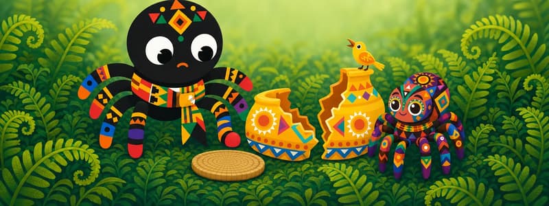 Create a single full-page children's book illustration. Use the attached character reference images and match each named character exactly — same shapes, colors and clothing; do not redesign them. SCENE: Anansi (match attached reference) and Ntikuma (match attached reference) sit side by side in a fern bed, with the two pieces of the broken Pot of Wisdom (match attached reference; broken into two pieces with the lid detached) between them. A small yellow weaver-bird sings from one piece while Anansi looks at his empty legs hanging loose. COMPOSITION: Compose ONE full-bleed scene with a single continuous background that fills the whole image, characters at natural size placed in the lower part of the frame. Keep the TOP 50% text area genuinely open inside a smooth, low-detail gradient blur covering the TOP 60% of the image. Use only a plain, continuous continuation of the scene background there, with NO characters, objects, props, hanging items, plants, patterns or decorations. Keep all important characters and detailed scene content in the LOWER 40%, with only a soft natural fade into the blurred top text area. That TOP 50% text area must be the SAME continuous background color as the scene (not a flat panel, not a different shade, no dividing line). Do NOT shrink or squash the characters. Book text will be overlaid in the TOP 50% text area. Do not include any written text, letters, numbers, captions, speech bubbles, signs, labels, logos, or watermarks anywhere; the image must be purely illustrative.