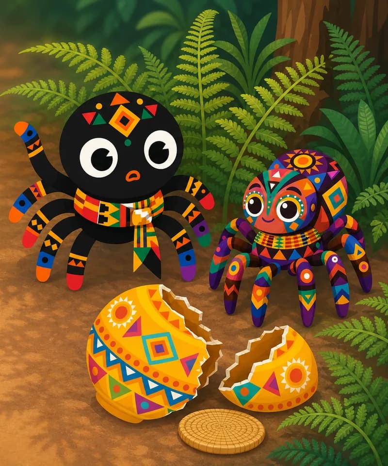 Create a single full-page children's book illustration. Use the attached character reference images and match each named character exactly — same shapes, colors and clothing; do not redesign them. SCENE: Anansi (match attached reference) and Ntikuma (match attached reference) sit together in the ferns; Anansi raises one leg mid-count and stares at his legs with his mouth half-open while Ntikuma sits beside him calmly. Nearby lie the two pieces of the broken Pot of Wisdom (match attached reference; broken into two pieces with the lid detached), with fern shadows patterned on the ground. COMPOSITION: Compose ONE full-bleed scene with a single continuous background that fills the whole image, characters at natural size placed toward the RIGHT. Keep the LEFT 50% text area genuinely open inside a smooth, low-detail gradient blur covering the LEFT 60% of the image. Use only a plain, continuous continuation of the scene background there, with NO characters, objects, props, hanging items, plants, patterns or decorations. Keep all important characters and detailed scene content in the RIGHT 40%, with only a soft natural fade into the blurred left text area. That LEFT 50% text area must be the SAME continuous background color as the scene (not a flat panel, not a different shade, no dividing line). Do NOT shrink or squash the characters. Book text will be overlaid in the LEFT 50% text area. Do not include any written text, letters, numbers, captions, speech bubbles, signs, labels, logos, or watermarks anywhere; the image must be purely illustrative.