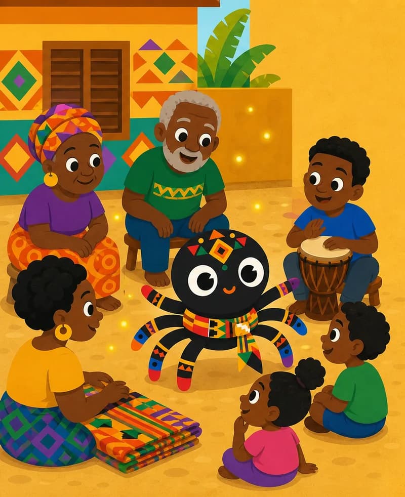 Create a single full-page children's book illustration. Use the attached character reference images and match each named character exactly — same shapes, colors and clothing; do not redesign them. SCENE: Anansi (match attached reference) laughs and tells a story in an Akan village clearing while elders, children, a weaver, and a drummer listen, with bright Western casual clothing, a carved drum, patterned cloth, painted cement walls, and small daylight wisdom motes drifting between them. COMPOSITION: Compose ONE full-bleed scene with a single continuous background that fills the whole image, characters at natural size placed toward the LEFT. Keep the RIGHT 50% text area genuinely open — plain, continuous background with NO characters, objects, props, hanging items, plants, patterns or decorations in it — while the rest of the scene fills the frame naturally. That RIGHT 50% text area must be the SAME continuous background color as the scene (not a flat panel, not a different shade, no dividing line). Do NOT shrink or squash the characters. Book text will be overlaid in the RIGHT 50% text area. Do not include any written text, letters, numbers, captions, speech bubbles, signs, labels, logos, or watermarks anywhere; the image must be purely illustrative.