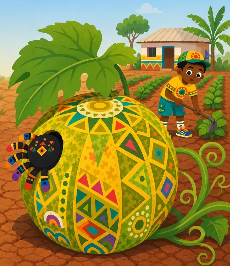Create a single full-page children's book illustration. Use the attached character reference images and match each named character exactly — same shapes, colors and clothing; do not redesign them. SCENE: Anansi (match attached reference) slips into Farmer Kofi's prize melon (match attached reference) in the dry field of Farmer Kofi (match attached reference), who works unaware in the background. Show cracked red earth, a painted cement house beyond the rows, and the big leaf shading the melon. COMPOSITION: Compose ONE full-bleed scene with a single continuous background that fills the whole image, characters at natural size placed toward the RIGHT. Keep the LEFT 50% text area genuinely open inside a smooth, low-detail gradient blur covering the LEFT 60% of the image. Use only a plain, continuous continuation of the scene background there, with NO characters, objects, props, hanging items, plants, patterns or decorations. Keep all important characters and detailed scene content in the RIGHT 40%, with only a soft natural fade into the blurred left text area. That LEFT 50% text area must be the SAME continuous background color as the scene (not a flat panel, not a different shade, no dividing line). Do NOT shrink or squash the characters. Book text will be overlaid in the LEFT 50% text area. Do not include any written text, letters, numbers, captions, speech bubbles, signs, labels, logos, or watermarks anywhere; the image must be purely illustrative.