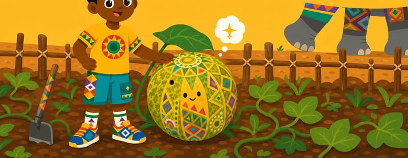 Create a single full-page children's book illustration. Use the attached character reference images and match each named character exactly — same shapes, colors and clothing; do not redesign them. SCENE: Farmer Kofi (match attached reference) stands in his field, proudly patting Farmer Kofi's prize melon (match attached reference) while his hoe rests nearby. Behind a rough fence, Elephant's huge gray legs pass on the raised road, and a small thought bubble rises from the smug melon under its leaf. COMPOSITION: Compose ONE full-bleed scene with a single continuous background that fills the whole image, characters at natural size placed in the lower part of the frame. Keep the TOP 50% text area genuinely open — plain, continuous background with NO characters, objects, props, hanging items, plants, patterns or decorations in it — while the rest of the scene fills the frame naturally. That TOP 50% text area must be the SAME continuous background color as the scene (not a flat panel, not a different shade, no dividing line). Do NOT shrink or squash the characters. Book text will be overlaid in the TOP 50% text area. Do not include any written text, letters, numbers, captions, speech bubbles, signs, labels, logos, or watermarks anywhere; the image must be purely illustrative.