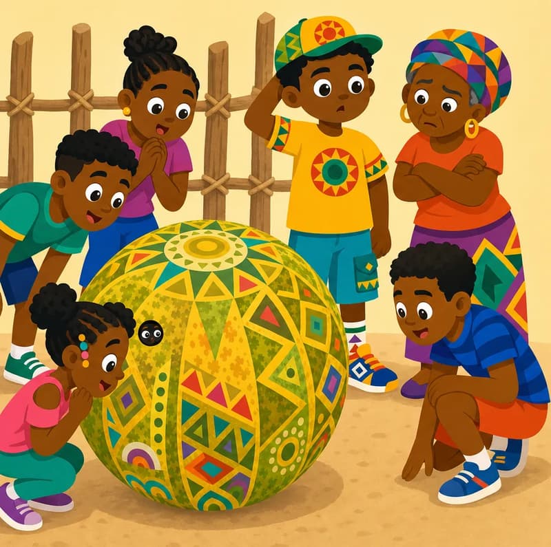 Create a single full-page children's book illustration. Use the attached character reference images and match each named character exactly — same shapes, colors and clothing; do not redesign them. SCENE: Anansi (match attached reference) enjoys the villagers' attention from inside Farmer Kofi's prize melon (match attached reference) beside Kofi's field fence, while Farmer Kofi (match attached reference) stands bewildered behind it and a skeptical elder folds her arms. The villagers lean toward the silent melon, wearing bright Western casual clothing and plastic sneakers in the dust. COMPOSITION: Compose ONE full-bleed scene with a single continuous background that fills the whole image, characters at natural size placed toward the LEFT. Keep the RIGHT 50% text area genuinely open — plain, continuous background with NO characters, objects, props, hanging items, plants, patterns or decorations in it — while the rest of the scene fills the frame naturally. That RIGHT 50% text area must be the SAME continuous background color as the scene (not a flat panel, not a different shade, no dividing line). Do NOT shrink or squash the characters. Book text will be overlaid in the RIGHT 50% text area. Do not include any written text, letters, numbers, captions, speech bubbles, signs, labels, logos, or watermarks anywhere; the image must be purely illustrative.