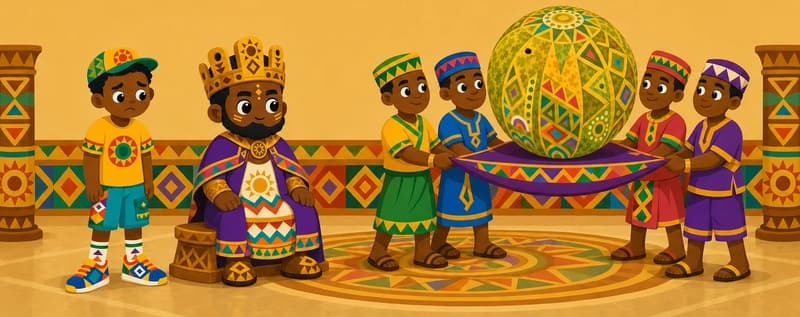 Create a single full-page children's book illustration. Use the attached character reference images and match each named character exactly — same shapes, colors and clothing; do not redesign them. SCENE: The King (match attached reference) sits on a carved stool in the palace court while four attendants lift Farmer Kofi's prize melon (match attached reference) on a carrying cloth. Farmer Kofi (match attached reference) watches unhappily nearby; carved palace posts, a polished cement floor, and kente patterns decorate the room. COMPOSITION: Compose ONE full-bleed scene with a single continuous background that fills the whole image, characters at natural size placed in the lower part of the frame. Keep the TOP 50% text area genuinely open — plain, continuous background with NO characters, objects, props, hanging items, plants, patterns or decorations in it — while the rest of the scene fills the frame naturally. That TOP 50% text area must be the SAME continuous background color as the scene (not a flat panel, not a different shade, no dividing line). Do NOT shrink or squash the characters. Book text will be overlaid in the TOP 50% text area. Do not include any written text, letters, numbers, captions, speech bubbles, signs, labels, logos, or watermarks anywhere; the image must be purely illustrative.