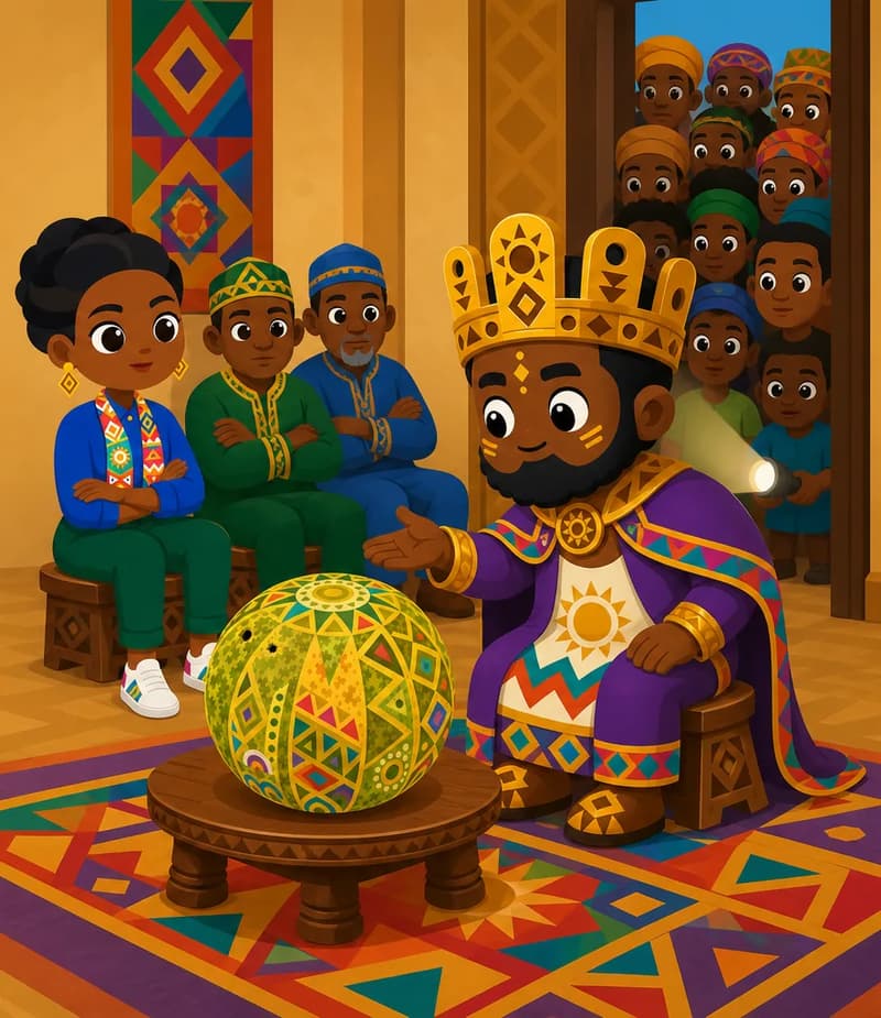 Create a single full-page children's book illustration. Use the attached character reference images and match each named character exactly — same shapes, colors and clothing; do not redesign them. SCENE: The King (match attached reference) leans forward on a carved stool, politely addressing Farmer Kofi's prize melon (match attached reference) on a low wooden table while Abena (match attached reference) sits among the advisors with folded arms, studying. The court is crowded at the doorways, illuminated by an LED flashlight beam. COMPOSITION: Compose ONE full-bleed scene with a single continuous background that fills the whole image, characters at natural size placed toward the RIGHT. Keep the LEFT 50% text area genuinely open inside a smooth, low-detail gradient blur covering the LEFT 60% of the image. Use only a plain, continuous continuation of the scene background there, with NO characters, objects, props, hanging items, plants, patterns or decorations. Keep all important characters and detailed scene content in the RIGHT 40%, with only a soft natural fade into the blurred left text area. That LEFT 50% text area must be the SAME continuous background color as the scene (not a flat panel, not a different shade, no dividing line). Do NOT shrink or squash the characters. Book text will be overlaid in the LEFT 50% text area. Do not include any written text, letters, numbers, captions, speech bubbles, signs, labels, logos, or watermarks anywhere; the image must be purely illustrative.
