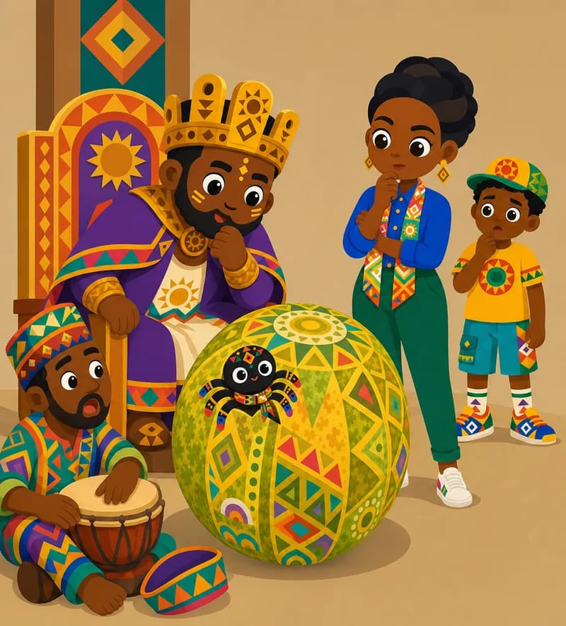 Create a single full-page children's book illustration. Use the attached character reference images and match each named character exactly — same shapes, colors and clothing; do not redesign them. SCENE: Anansi (match attached reference) performs lucky guesses from inside Farmer Kofi's prize melon (match attached reference) in the glittering court as The King (match attached reference) leans forward, impressed. A drummer gapes beside a water jar, an advisor's hat has fallen off, Abena (match attached reference) stares thoughtfully, and Farmer Kofi (match attached reference) stands tense at the back of the crowd. COMPOSITION: Compose ONE full-bleed scene with a single continuous background that fills the whole image, characters at natural size placed toward the LEFT. Keep the RIGHT 50% text area genuinely open — plain, continuous background with NO characters, objects, props, hanging items, plants, patterns or decorations in it — while the rest of the scene fills the frame naturally. That RIGHT 50% text area must be the SAME continuous background color as the scene (not a flat panel, not a different shade, no dividing line). Do NOT shrink or squash the characters. Book text will be overlaid in the RIGHT 50% text area. Do not include any written text, letters, numbers, captions, speech bubbles, signs, labels, logos, or watermarks anywhere; the image must be purely illustrative.