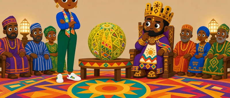 Create a single full-page children's book illustration. Use the attached character reference images and match each named character exactly — same shapes, colors and clothing; do not redesign them. SCENE: Abena (match attached reference) stands with arms folded beside a low table holding Farmer Kofi's prize melon (match attached reference), calmly facing the frozen court. The King (match attached reference) sits behind her with one eyebrow raised, while rows of advisors sit motionless under LED lamps. COMPOSITION: Compose ONE full-bleed scene with a single continuous background that fills the whole image, characters at natural size placed in the lower part of the frame. Keep the TOP 50% text area genuinely open — plain, continuous background with NO characters, objects, props, hanging items, plants, patterns or decorations in it — while the rest of the scene fills the frame naturally. That TOP 50% text area must be the SAME continuous background color as the scene (not a flat panel, not a different shade, no dividing line). Do NOT shrink or squash the characters. Book text will be overlaid in the TOP 50% text area. Do not include any written text, letters, numbers, captions, speech bubbles, signs, labels, logos, or watermarks anywhere; the image must be purely illustrative.