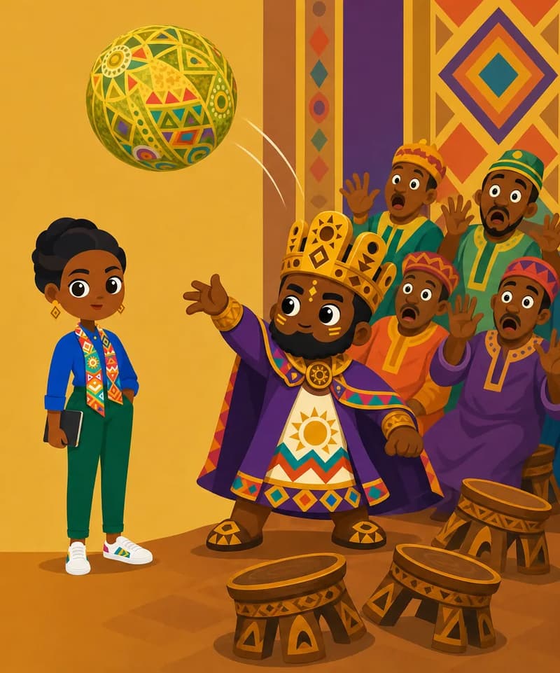 Create a single full-page children's book illustration. Use the attached character reference images and match each named character exactly — same shapes, colors and clothing; do not redesign them. SCENE: The King (match attached reference) stands in the court with his arm extended after throwing Farmer Kofi's prize melon (match attached reference), which arcs above recoiling spectators. Abena (match attached reference) stands to one side, unsurprised, with carved stools pushed slightly askew below. COMPOSITION: Compose ONE full-bleed scene with a single continuous background that fills the whole image, characters at natural size placed toward the RIGHT. Keep the LEFT 50% text area genuinely open — plain, continuous background with NO characters, objects, props, hanging items, plants, patterns or decorations in it — while the rest of the scene fills the frame naturally. That LEFT 50% text area must be the SAME continuous background color as the scene (not a flat panel, not a different shade, no dividing line). Do NOT shrink or squash the characters. Book text will be overlaid in the LEFT 50% text area. Do not include any written text, letters, numbers, captions, speech bubbles, signs, labels, logos, or watermarks anywhere; the image must be purely illustrative.