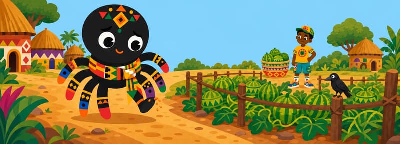 Create a single full-page children's book illustration. Use the attached character reference images and match each named character exactly — same shapes, colors and clothing; do not redesign them. SCENE: Anansi (match attached reference) walks home along a village road, slightly orange-stained, picking a melon seed from one leg with a rueful expression. In the background, Farmer Kofi (match attached reference) watches carefully beside his melon field, where small protective fences surround the melons and a watchful crow perches on a post. COMPOSITION: Compose ONE full-bleed scene with a single continuous background that fills the whole image, characters at natural size placed in the lower part of the frame. Keep the TOP 50% text area genuinely open — plain, continuous background with NO characters, objects, props, hanging items, plants, patterns or decorations in it — while the rest of the scene fills the frame naturally. That TOP 50% text area must be the SAME continuous background color as the scene (not a flat panel, not a different shade, no dividing line). Do NOT shrink or squash the characters. Book text will be overlaid in the TOP 50% text area. Do not include any written text, letters, numbers, captions, speech bubbles, signs, labels, logos, or watermarks anywhere; the image must be purely illustrative.