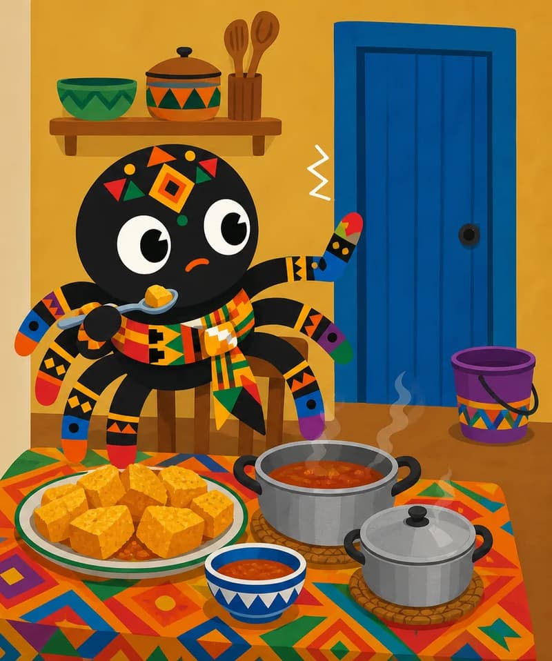 Create a new children's book page illustration using the provided character reference images only. Characters must match their references exactly. CHARACTER APPEARANCE: Anansi — match his reference; seated alone at his table with spoon raised, one leg frozen as an unexpected knock comes from the closed door, expression shifting from delight to wariness. SCENE: A cozy contemporary Ghanaian compound kitchen; painted cement walls, metal pots, enamel bowls, patterned tablecloth, plastic water bucket by the closed doorway, golden yams, and a set table. Anansi (match attached reference) smiles beside the meal he has cooked for himself. Show the closed door from inside the kitchen with only small knock marks or vibration lines as Turtle (match attached reference) remains unseen outside; do NOT show the knocker. No child, no boy, no human, no guest visible at the door. Keep the scene simple and readable. COMPOSITION / TEXT SPACE: LEFT 50% TEXT SPACE — place characters and action on the RIGHT half, leaving the left 50% text area plain and uncluttered for text overlay.
DESIGN DIRECTION: Contemporary Akan trickster world. Keep Anansi and other animal characters simple and mostly unclothed, preserving Anansi's kente waist sash; use modern Ghanaian village/market/courtyard details such as painted cement houses, metal cooking pots, enamel bowls, plastic water buckets, patterned tablecloths, sandals, bicycles, and present-day human background figures in bright everyday clothing where they naturally belong. Keep magical or Sky God moments wondrous rather than realistic urban scenes.
SCENE-SPECIFIC DETAILS: Anansi pauses alone in greedy anticipation as the unseen knock interrupts his private feast, with golden fried yams, steaming metal pots, enamel bowls, a closed blue door, and the patterned tablecloth grounding the cozy compound kitchen.