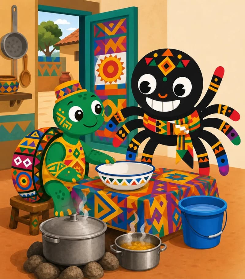 Create a new children's book page illustration using the provided character reference images only. Characters must match their references exactly. CHARACTER APPEARANCE: Turtle — match his reference; dusty shell, seated hopefully, one webbed claw touching an enamel bowl, hungry but polite. Anansi — match his reference; grand false hospitality, widest least-sincere grin. SCENE: A contemporary Ghanaian compound kitchen with steaming metal pots, patterned tablecloth, enamel bowl, plastic water bucket, and open painted doorway. Turtle (match attached reference) is dusty from the long road, hungry and relieved, reaching for the bowl. Anansi (match attached reference) welcomes him with false warmth, then raises one leg to insist that they wash their hands at the river. Keep Turtle's genuine hunger and Anansi's false warmth clear. COMPOSITION / TEXT SPACE: RIGHT 50% TEXT SPACE — place characters and action on the LEFT half, leaving the right 50% text area plain and uncluttered for text overlay.
DESIGN DIRECTION: Contemporary Akan trickster world. Keep Anansi and other animal characters simple and mostly unclothed, preserving Anansi's kente waist sash; use modern Ghanaian village/market/courtyard details such as painted cement houses, metal cooking pots, enamel bowls, plastic water buckets, patterned tablecloths, sandals, bicycles, and present-day human background figures in bright everyday clothing where they naturally belong. Keep magical or Sky God moments wondrous rather than realistic urban scenes.
SCENE-SPECIFIC DETAILS: Turtle reaches hopefully for the bowl while Anansi performs false generosity, framed by steaming pots, the open doorway, a plastic water bucket, and the bright patterned tablecloth between them.