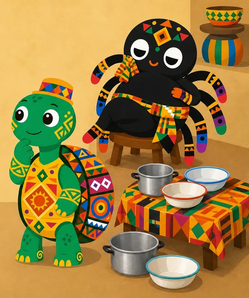 Create a new children's book page illustration using the provided character reference images only. Characters must match their references exactly. CHARACTER APPEARANCE: Turtle — match his reference; standing at the bare table, nodding slowly, calm and thoughtful. Anansi — match his reference; sprawled behind him, full and sleepy, not sorry. SCENE: A contemporary Ghanaian compound kitchen after the food is gone; clean metal pots, empty enamel bowls, patterned tablecloth, painted wall. Anansi (match attached reference) wipes his mouth with a piece of kente cloth and leans back, very full and comfortable. Turtle (match attached reference) stands at the empty table with spotless hands and aching legs, nodding slowly before walking back down the road. Keep Turtle's quiet plan clear. COMPOSITION / TEXT SPACE: LEFT 50% TEXT SPACE — place characters and action on the RIGHT half, leaving the left 50% text area plain and uncluttered for text overlay.
DESIGN DIRECTION: Contemporary Akan trickster world. Keep Anansi and other animal characters simple and mostly unclothed, preserving Anansi's kente waist sash; use modern Ghanaian village/market/courtyard details such as painted cement houses, metal cooking pots, enamel bowls, plastic water buckets, patterned tablecloths, sandals, bicycles, and present-day human background figures in bright everyday clothing where they naturally belong. Keep magical or Sky God moments wondrous rather than realistic urban scenes.
SCENE-SPECIFIC DETAILS: Turtle stands silently at the stripped table, nodding as his plan forms, while clean metal pots, empty enamel bowls, Anansi’s sleepy full belly, and the rumpled kente cloth reveal the insult.