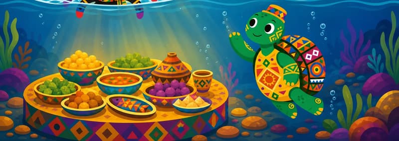 Create a new children's book page illustration using the provided character reference images only. Characters must match their references exactly — same body shape, proportions, eye style, colors, clothing and accessories — do not redesign them or invent new features. CHARACTER APPEARANCE: Anansi — match his reference; here he floats at the water's surface, all eight legs churning uselessly, expression of pure frustration. Turtle — match his reference; here he sinks gracefully below, waving pleasantly up toward Anansi, beside a glittering feast table on the riverbed. SCENE: A split river view; above the waterline Anansi (match attached reference) bobs like a cork, legs spinning as every attempt to dive sends him back to the surface; below, Turtle (match attached reference) descends smoothly and waves him toward a glittering underwater feast table. The food is warmly lit, beautiful, and just out of reach. Illustrate only the action, emotion and setting of this page; do not add plot or details from other pages. Keep the scene clear and readable for a young child, showing only what this page needs. COMPOSITION / TEXT SPACE: Keep the TOP 50% text area genuinely open inside a smooth, low-detail gradient blur covering the TOP 60% of the image. Use only a plain, continuous continuation of the scene background there, with NO characters, objects, props, hanging items, plants, patterns or decorations. Keep all important characters and detailed scene content in the LOWER 40%, with only a soft natural fade into the blurred top text area. That TOP 50% text area must be the SAME continuous background color as the scene (not a flat panel, not a different shade, no dividing line).  IMPORTANT: Do not include any written text, letters, numbers, captions, speech bubbles, signs, labels, logos, or book text anywhere in the image. The image must be purely illustrative. OUTPUT: a single full-page children's book illustration with approximately 50% clean negative space for text overlay.
DESIGN DIRECTION: Contemporary Akan trickster world. Keep Anansi and other animal characters simple and mostly unclothed, preserving Anansi's kente waist sash; use modern Ghanaian village/market/courtyard details such as painted cement houses, metal cooking pots, enamel bowls, plastic water buckets, patterned tablecloths, sandals, bicycles, and present-day human background figures in bright everyday clothing where they naturally belong. Keep magical or Sky God moments wondrous rather than realistic urban scenes.
SCENE-SPECIFIC DETAILS: Anansi thrashes uselessly on the river surface while Turtle glides down to the feast, shown through a split waterline, glittering underwater dishes, warm riverbed light, and Anansi’s bobbing dry body.