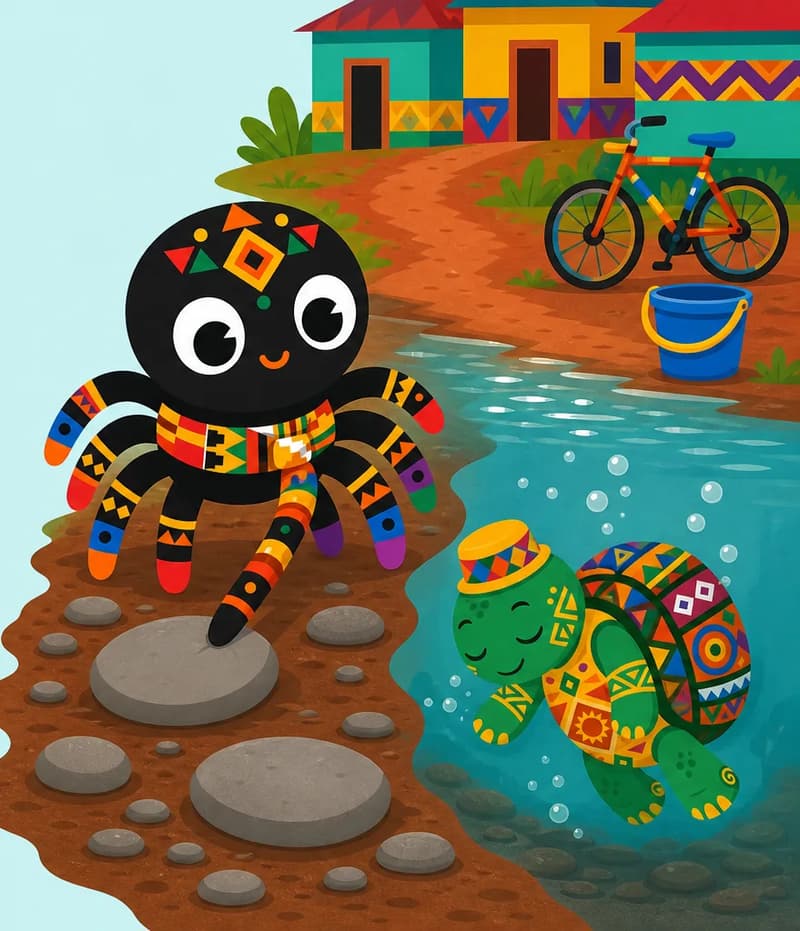 Create a new children's book page illustration using the provided character reference images only. Characters must match their references exactly. CHARACTER APPEARANCE: Anansi — match his reference; on the bank eyeing stones with calculating interest, one leg reaching for a large flat gray stone. Turtle — match his reference; sinking calmly below the water behind Anansi. SCENE: A contemporary Ghanaian village riverbank with muddy stones, red-dirt path, bicycle, plastic water bucket, and glittering river surface. Turtle (match attached reference) sinks politely beneath the water after declining to tie on a stone. Anansi (match attached reference) looks toward the plentiful stones half-buried in the mud as a plan forms. Keep Anansi's plan clear and simple. COMPOSITION / TEXT SPACE: LEFT 50% TEXT SPACE — place characters and action on the RIGHT half, leaving the left 50% text area plain and uncluttered for text overlay.
DESIGN DIRECTION: Contemporary Akan trickster world. Keep Anansi and other animal characters simple and mostly unclothed, preserving Anansi's kente waist sash; use modern Ghanaian village/market/courtyard details such as painted cement houses, metal cooking pots, enamel bowls, plastic water buckets, patterned tablecloths, sandals, bicycles, and present-day human background figures in bright everyday clothing where they naturally belong. Keep magical or Sky God moments wondrous rather than realistic urban scenes.
SCENE-SPECIFIC DETAILS: Anansi calculates how to sink as Turtle politely disappears below, eyeing flat gray stones in the muddy bank near the bicycle, plastic water bucket, and quiet red-dirt path.