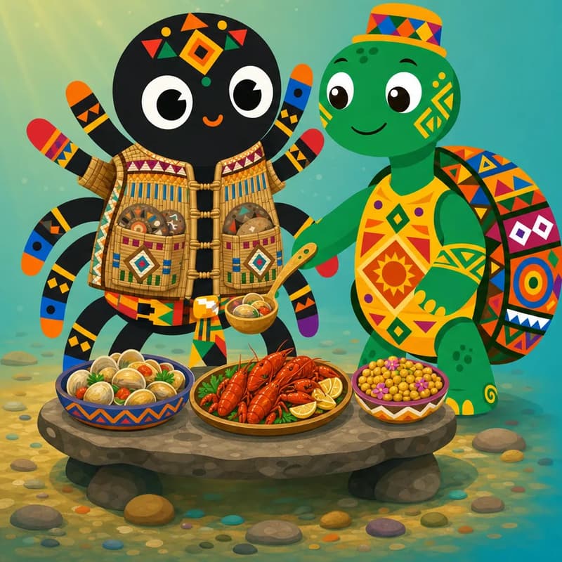 Create a new children's book page illustration using the provided character reference images only. Characters must match their references exactly — same body shape, proportions, eye style, colors, clothing and accessories — do not redesign them or invent new features. CHARACTER APPEARANCE: Anansi — match his reference; here he stands on the riverbed beaming with triumph, wearing the thick woven reed jacket with pockets visibly bulging with stones. Turtle — match his reference; here he stands at the stone table smiling pleasantly and ladling food from beautiful dishes. SCENE: The underwater riverbed; Reed jacket (match attached reference; worn with three stones bulging from each pocket) holds Six river stones (match attached reference; packed three into each jacket pocket), allowing Anansi (match attached reference; wearing the stiff reed jacket with both pockets bulging with stones) to stand at the bottom opposite Turtle (match attached reference), who smiles and serves the feast at a stone table set with spiced river-clams, smoked crayfish, and honeyed water-lily seeds. Warm light shines against cool blue-green water. Illustrate only the action, emotion and setting of this page; do not add plot or details from other pages. Keep the scene clear and readable for a young child, showing only what this page needs. COMPOSITION / TEXT SPACE: RIGHT 50% TEXT SPACE — text will be overlaid on the right half of the page, so place all characters, objects and action on the LEFT half. The right ~50% of the image must be plain, simple background suitable for readable book text: no characters, no important objects, no detailed scenery, no ground texture, no clouds, no patterns, no clutter — use a flat or gently varied background color there. Group the characters and action together in the illustration area rather than spreading them across the page. IMPORTANT: Do not include any written text, letters, numbers, captions, speech bubbles, signs, labels, logos, or book text anywhere in the image. The image must be purely illustrative. OUTPUT: a single full-page children's book illustration with approximately 50% clean negative space for text overlay.
DESIGN DIRECTION: Contemporary Akan trickster world. Keep Anansi and other animal characters simple and mostly unclothed, preserving Anansi's kente waist sash; use modern Ghanaian village/market/courtyard details such as painted cement houses, metal cooking pots, enamel bowls, plastic water buckets, patterned tablecloths, sandals, bicycles, and present-day human background figures in bright everyday clothing where they naturally belong. Keep magical or Sky God moments wondrous rather than realistic urban scenes.
SCENE-SPECIFIC DETAILS: Anansi triumphantly reaches the riverbed in the stone-stuffed reed jacket as Turtle serves him, with bulging pockets, a stone table, glowing dishes, and cool blue-green water surrounding the feast.