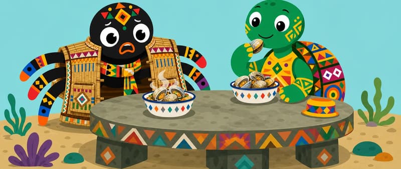 Create a new children's book page illustration using the provided character reference images only. Characters must match their references exactly — same body shape, proportions, eye style, colors, clothing and accessories — do not redesign them or invent new features. CHARACTER APPEARANCE: Turtle — match his reference; here he sits at the stone table eating serenely, small hat folded beside him, expression cheerful and entirely at ease. Anansi — match his reference; here he sits beside Turtle, arms completely pinned by the stiff reed jacket sides, unable to reach his bowl, expression one of absolute anguish. SCENE: At the underwater stone table, Reed jacket (match attached reference; worn with rigid weighted sides blocking Anansi's reach) confines Anansi (match attached reference; wearing the rigid stone-weighted reed jacket), leaving the steaming food agonizingly close and out of reach. Turtle (match attached reference) has neatly set down and folded his hat and eats peacefully while Anansi struggles to reach past the stiff sides. Illustrate only the action, emotion and setting of this page; do not add plot or details from other pages. Keep the scene clear and readable for a young child, showing only what this page needs. COMPOSITION / TEXT SPACE: TOP 50% TEXT SPACE — text will be overlaid on the top half of the page, so place all characters, objects and action in the BOTTOM ~50% of the image. The top ~50% must be plain, simple background suitable for readable book text: no characters, no important objects, no detailed scenery, no clouds, no patterns, no clutter — use a flat or gently varied background color there. Group the characters and action together in the illustration area rather than spreading them across the page. IMPORTANT: Do not include any written text, letters, numbers, captions, speech bubbles, signs, labels, logos, or book text anywhere in the image. The image must be purely illustrative. OUTPUT: a single full-page children's book illustration with approximately 50% clean negative space for text overlay.
DESIGN DIRECTION: Contemporary Akan trickster world. Keep Anansi and other animal characters simple and mostly unclothed, preserving Anansi's kente waist sash; use modern Ghanaian village/market/courtyard details such as painted cement houses, metal cooking pots, enamel bowls, plastic water buckets, patterned tablecloths, sandals, bicycles, and present-day human background figures in bright everyday clothing where they naturally belong. Keep magical or Sky God moments wondrous rather than realistic urban scenes.
SCENE-SPECIFIC DETAILS: Anansi realizes Turtle’s custom has trapped him while Turtle eats serenely, with the folded little hat, stiff reed jacket sides, unreachable bowl, and steaming clams making the punishment painfully clear.