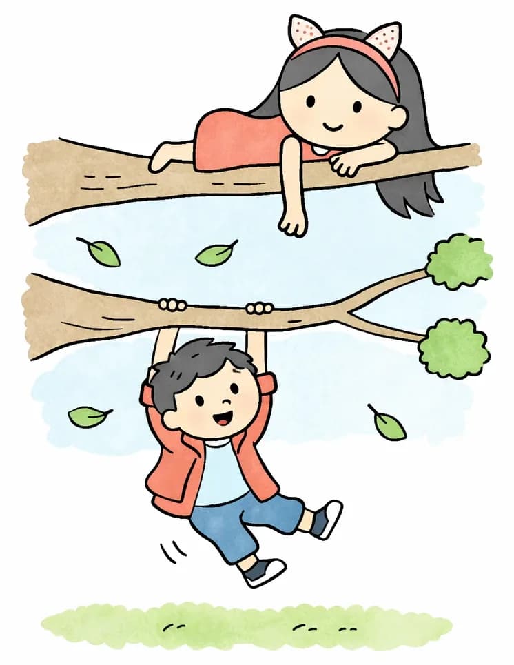 On the left side of the image, Big Sis lies confidently on a high tree branch, resting on her stomach with one arm dangling down and a calm, happy smile on her face. She has long, straight dark gray hair falling past her shoulders, a coral-pink headband with white cat ears, and wears a coral-pink sleeveless A-line dress. Below her, Little Brother hangs from a lower branch with both hands, legs swinging freely, with a wide-eyed, surprised expression as he tries to keep his grip. He wears an open red-orange hooded jacket over a light blue t-shirt, medium blue jeans, and dark navy sneakers with white soles. Green leaves drift through the air around them. The scene is set outdoors on a bright, sunny day with a blue sky, green tree foliage, and a grassy ground visible at the bottom. The right side of the image is plain white background.