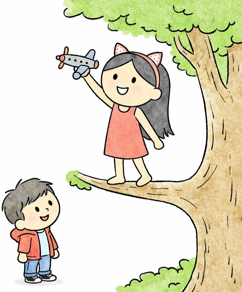 On the right side of the image, Big Sis stands on a large tree branch, smiling confidently as she holds up a toy airplane in one hand, looking up at it against the sky. Little Brother stands at the base of the tree below her, looking up at Big Sis with a happy, admiring expression. The scene is set outdoors on a sunny day, with lush green foliage surrounding the large tree. The left side of the image is plain white background, leaving space for text.