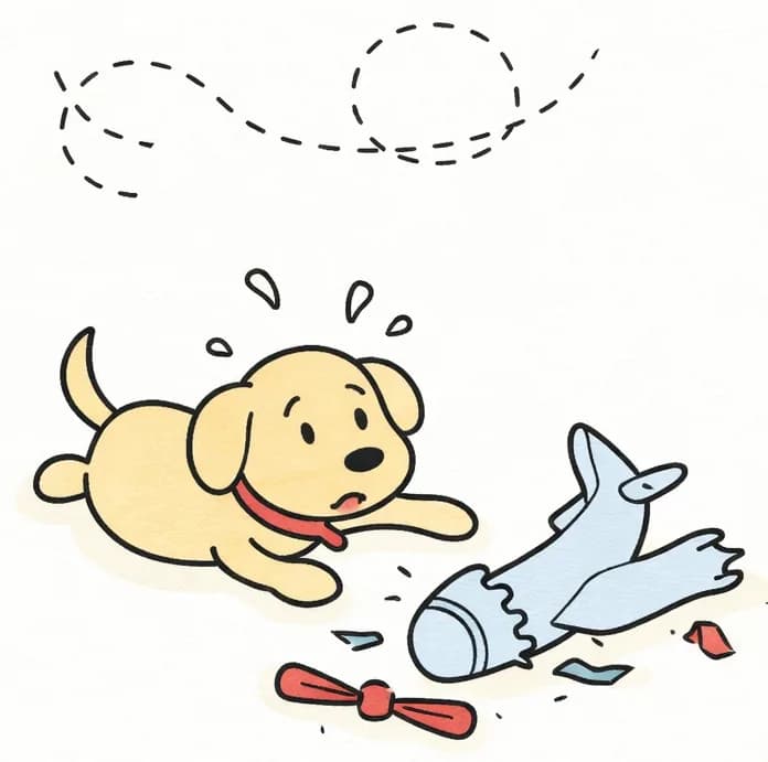 On the left side of the image, Dog lies on the ground with a startled, dazed expression, with a crashed toy airplane broken apart into pieces and scattered red propeller parts around it. A dotted arc line in the sky above suggests the looping flight path the plane took before crashing down. The right side of the image is plain white background.