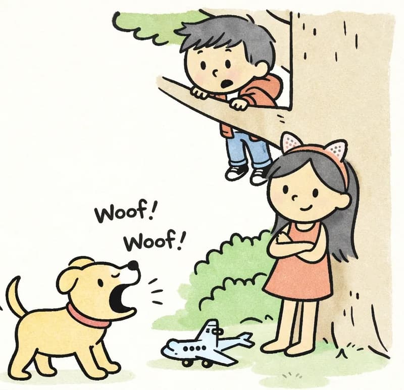 On the right side of the image, Dog stands in the center-right, barking with mouth wide open and a determined expression, facing toward a large tree. Big Sis leans against the base of the tree on the far right, looking down at Dog with a confident, unfazed expression and her arms crossed. Little Brother is perched up in the branches of the tree above, peeking down with a worried or uncertain expression. A toy airplane lies on the ground between Dog and the tree. The scene is set outdoors in a sunny suburban yard with green grass, bushes, and a clear blue sky.