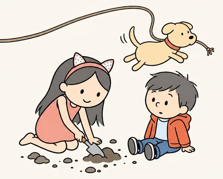In the lower-left portion of the image, Big Sis is kneeling on the ground, leaning forward with a focused expression as she digs in the soil with a small garden tool. Little Brother sits beside her on the ground, looking up with a curious, wide-eyed expression. Behind them, Dog is leaping energetically into the air, tugging on a long rope with its mouth. The scene is set outdoors on a bright, sunny day in a yard or garden area with green trees lining the horizon and a light blue sky with stylized swirling clouds above.