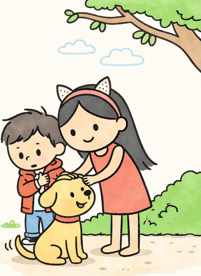 On the right side of the image, Big Sis stands confidently, leaning forward with a warm smile as she reaches out to pet Dog on the head. Dog sits happily in front of her, looking content with a wagging tail and its red collar visible. Little Brother stands just behind Big Sis, clutching her arm nervously with a worried, uncertain expression on his face, clearly less comfortable around Dog. The scene is set outdoors on a sunny day along a dirt path with green bushes, a tree branch overhead, and a clear sky with soft clouds. The left side of the image is plain white background.