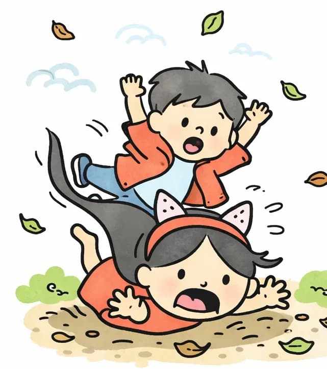 On the left side of the image, Big Sis is tumbling forward onto the ground with a shocked, open-mouthed expression, her arms splayed out as she falls into a patch of dirt and scattered leaves. Little Brother is toppling over her back with a surprised expression, arms flung upward. Dog stands nearby on the right of the group, looking at them with a curious, slightly concerned expression. The outdoor scene is set on a grassy path under a pale blue sky with wispy clouds, with green leaves shaking loose from a nearby tree and drifting through the air. The right side of the image is plain white background.