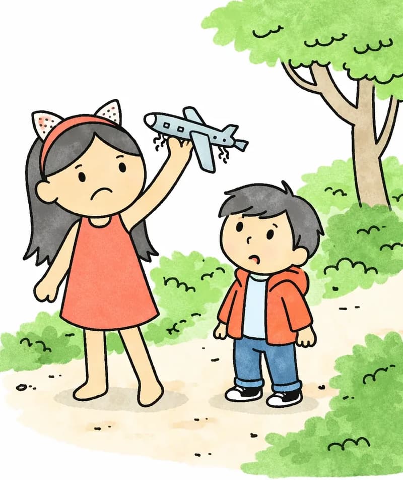 On the right side of the image, Big Sis stands on a dirt path holding a damaged toy airplane up in one hand with a determined expression, examining it closely. Little Brother stands just behind and to her right, looking up at the plane with a worried or curious expression. The scene is set outdoors on a sunny day along a path lined with green trees and bushes, in what resembles a suburban park or neighborhood trail. The left side of the image is plain white background.