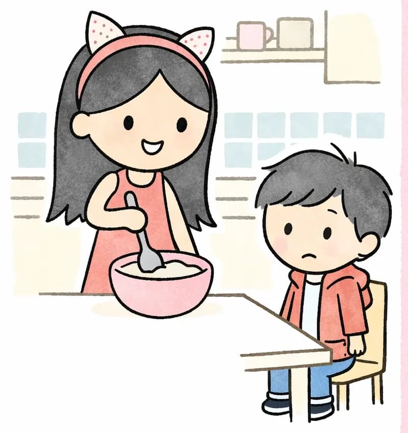 On the left side of the image, Big Sis stands at a kitchen counter with a cheerful, determined expression, stirring the contents of a bowl with a large spoon. Little Brother sits nearby at a small table, watching her with a slightly worried or uncertain expression and a small pout on his face. The scene is set indoors in a cozy kitchen with warm lighting, patterned tiles, and shelves visible in the background. The right side of the image is plain pink background with no detail.