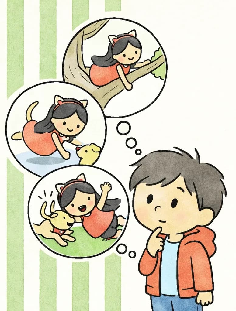 On the left side of the image, Little Brother is shown from the chest up with a thoughtful expression, resting a finger on his chin and looking upward as if remembering. Three circular thought bubbles float above and to the left of him, each depicting a memory of Big Sis: in one she is lying confidently on a tree branch, in another she is reaching out to pet Dog with a brave face, and in the third she is tumbling to the ground from her fall with a surprised expression. The background is a green-striped wallpaper pattern, with the right side left as plain open space.