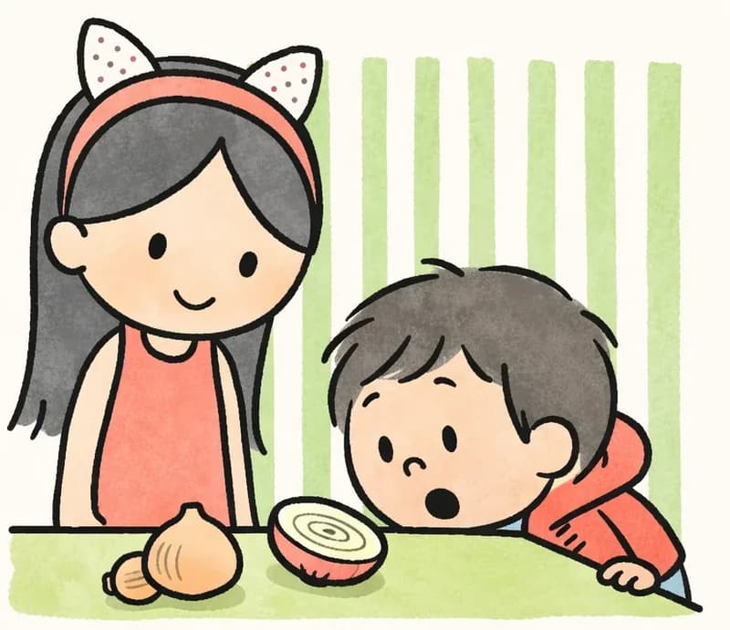 On the right side of the image, Big Sis stands behind a kitchen counter with a gentle, knowing smile, looking down at a halved onion on the counter. Little Brother leans in from the right, peering closely at the cut onion with a surprised, open-mouthed expression, his face near the counter surface. A whole onion and its sliced half sit on the green countertop, with green-striped wallpaper in the background indicating an indoor kitchen setting. The left side of the image is plain white background.