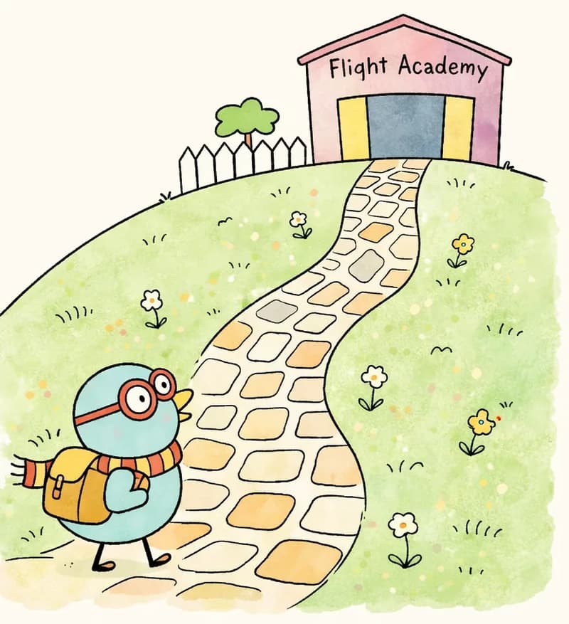 On the right side of the image, the Bird stands on a winding cobblestone path that leads up rolling green hills toward a pink building with a sign reading "Flight Academy." The Bird has a determined expression, wearing red-framed glasses and an orange-and-red striped scarf, carrying a backpack, looking up the path toward the academy. The outdoor scene is bright and sunny with a clear blue sky, scattered flowers on the grassy hills, a white picket fence near the building, and a small tree in the background.