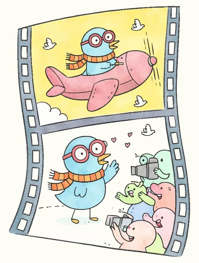 The image shows a film-strip style composition on the left side. In the upper frame, the Bird is flying a pink airplane against a bright yellow sky, wearing red-framed glasses and an orange-and-red striped scarf, with white doves soaring around, looking determined and adventurous. In the lower frame, the Bird stands on the left posing like a movie star, surrounded by adoring small fan characters taking photos and reaching out excitedly, with a film camera operator nearby. The right side of the image is plain blue watercolor background.
