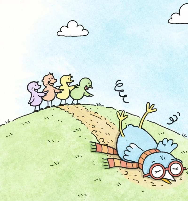On the right side of the image, the Bird lies face-down on a grassy hilltop after a crash landing, with legs and wings splayed out and sticking up in the air, wearing red-framed glasses and an orange-and-red striped scarf, looking dazed and embarrassed with a dizzy expression. A dirt trail marks the crash path behind the Bird. In the center-left background, a group of four other birds stand together on the hill, laughing and pointing at the Bird. The scene is set outdoors on a bright, sunny day on a rounded green hill with wildflowers, under a blue sky with scattered white clouds.