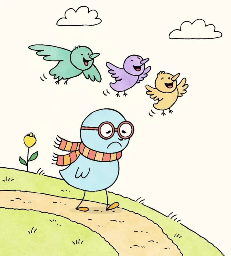 The Bird stands on the left side of the image atop a grassy hill with a dirt path, wearing red-framed glasses and an orange-and-red striped scarf, looking sad and dejected with a frowning expression, walking away from a group of four classmate birds who are flying and swooping in the air behind and above. The scene is outdoors on a bright day with a warm golden-yellow sky and small white clouds, with a single flower growing on the hillside. The right approximately 40% of the image is open golden sky with no characters or detail.