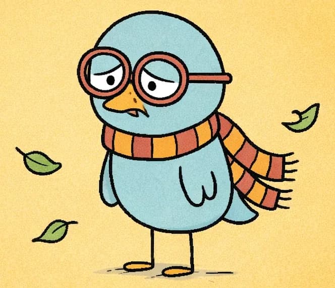 On the right side of the image, the Bird stands looking dejected and frustrated, wearing red-framed glasses and an orange-and-red striped scarf, with drooping, downturned eyes and a small frown, conveying hurt pride. The Bird's wings hang loosely at its sides in a defeated posture. A few small leaves drift in the breeze around the Bird. The background is a warm golden-yellow sky, with the left side completely clear of any detail.