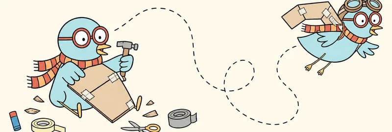 The image shows two vignettes of the Bird on the left side. On the left, the Bird sits on the ground with a determined expression, wearing red-framed glasses and an orange-and-red striped scarf, holding a hammer and building large homemade cardboard-and-tape wings, surrounded by craft supplies including cardboard, tape, and tools. On the far left, the Bird is shown flying joyfully through the sky wearing aviator goggles pushed up on its head and the homemade cardboard-and-tape wings strapped on, with a looping dashed flight trail and small clouds around. The scene is set outdoors against a light open-sky background. The right approximately 40% of the image is plain background.