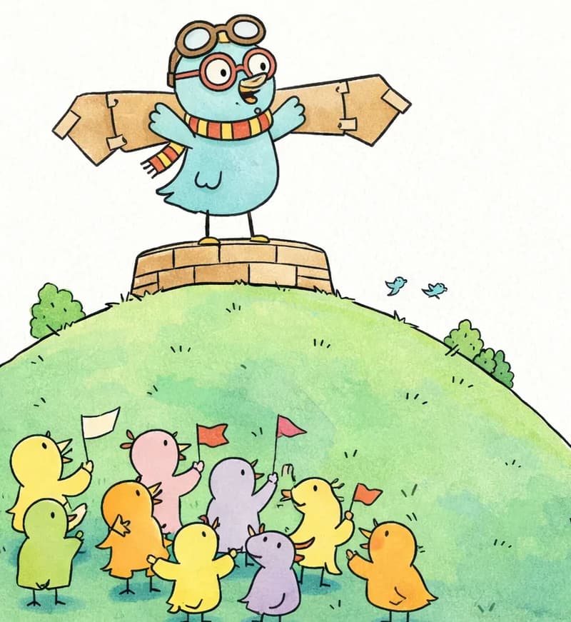On the left side of the image, the Bird stands triumphantly atop a grassy hill on a low stone wall, with a blue sky behind him, wearing red-framed glasses, an orange-and-red striped scarf, and aviator goggles pushed up on its head, with arms outstretched and large homemade cardboard-and-tape wings spread wide, looking determined and confident, ready for takeoff. Below on the lower-left hillside, a crowd of roughly eight to ten assorted bird spectators is gathered looking up — some holding small flags and signs, appearing excited and supportive, while others watch with skeptical or worried expressions. The scene is outdoors on a bright, sunny day with rolling green hills and a clear blue sky, with a few small birds flying in the background near some trees on an adjacent hill to the right.