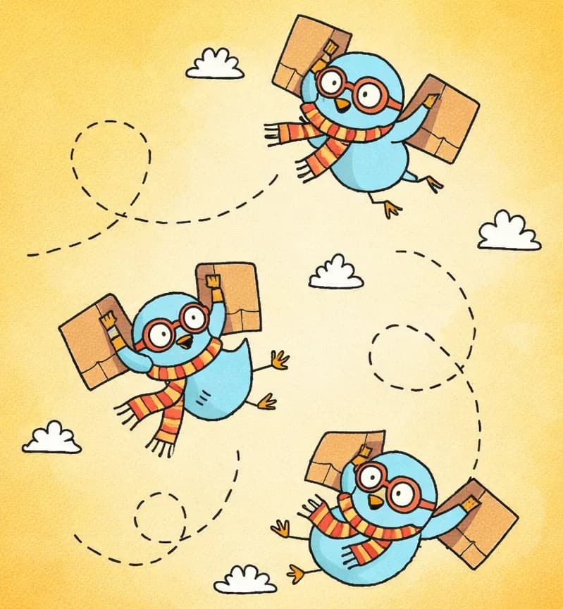 The Bird is shown three times on the right side of the image in a dynamic action sequence against a bright blue sky, depicting aerial acrobatics. In each pose, the Bird is flying with homemade cardboard-and-tape wings outstretched, wearing red-framed glasses, an orange-and-red striped scarf trailing in the wind, and aviator goggles over its eyes — diving, twisting, and looping through the air with a joyful, wide-eyed expression. Dashed looping lines trace the Bird's flight path, showing swooping tricks and spirals. Small white clouds are scattered around the right side of the scene.
